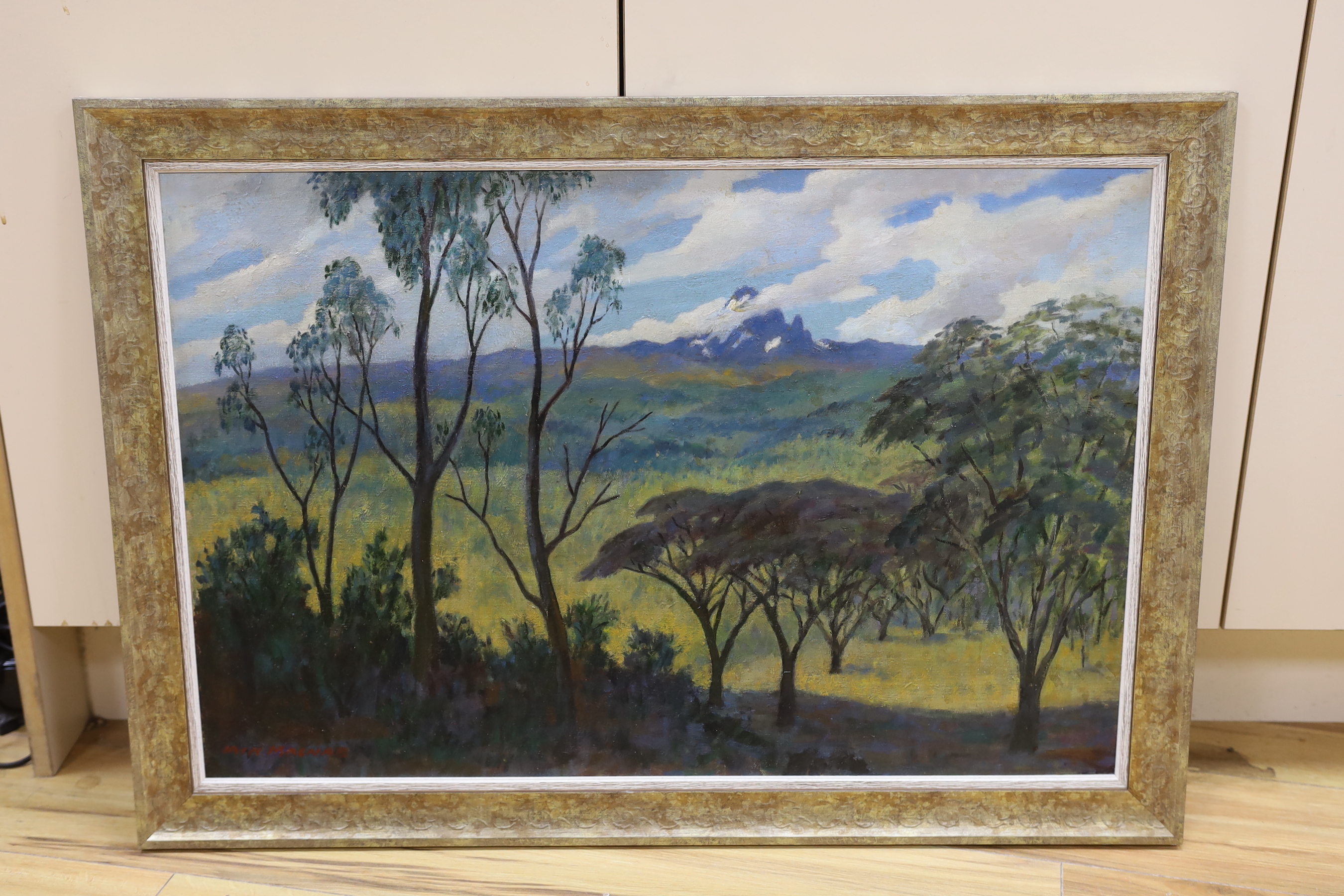 Iain Macnab (1890-1967), oil on board, Wooded landscape, signed, 49 x 75cm